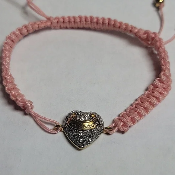 Y2k Vintage Juicy Couture Pink Adjustable Rhinestone Paved Puffed Heart Bracelet - Picture 2 of 3